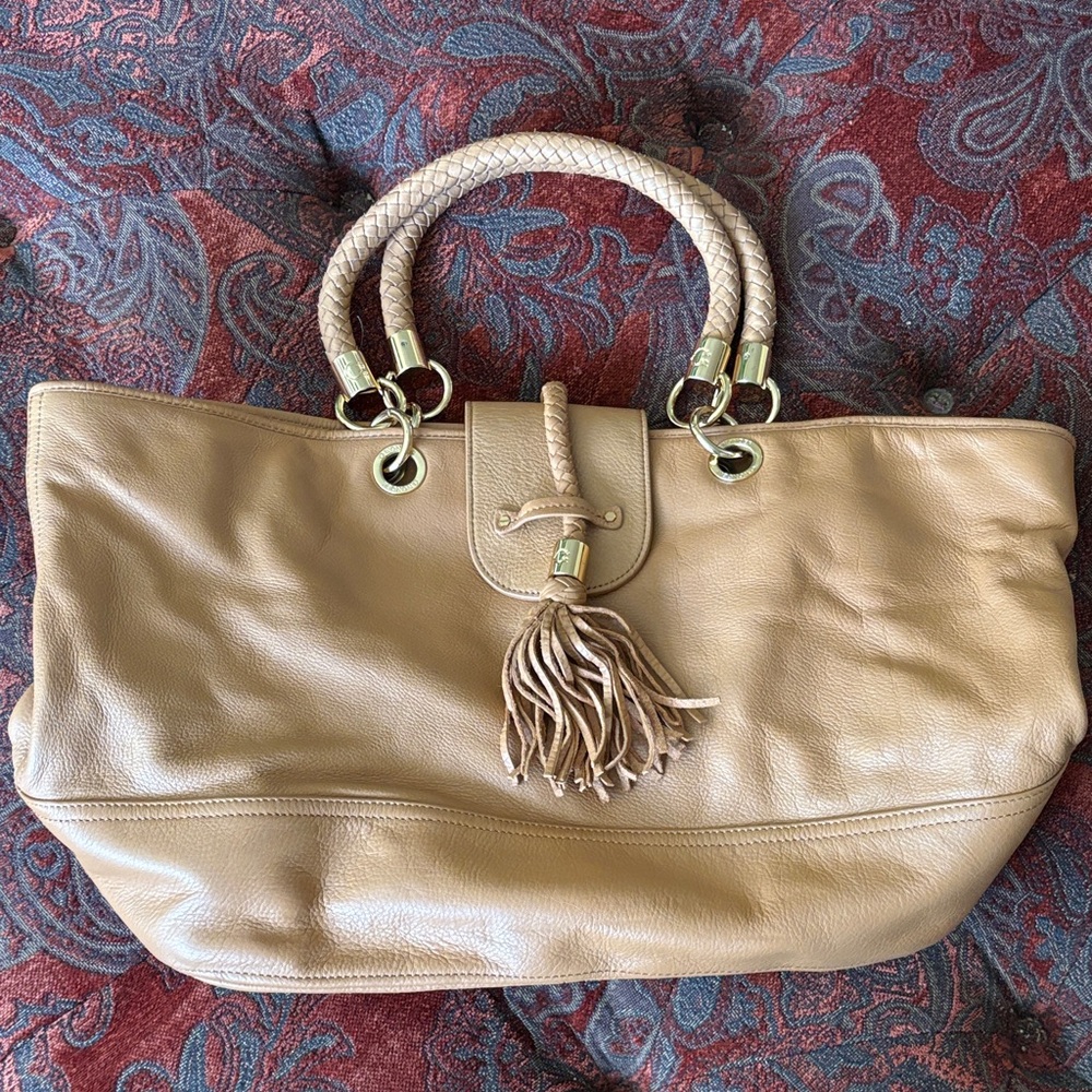 Leather Tassel-Accent Tote Bag in Beige